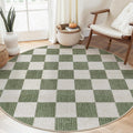 Checkered Round Rug 6 Ft Washable Area Rug - Neutral Sage Classic