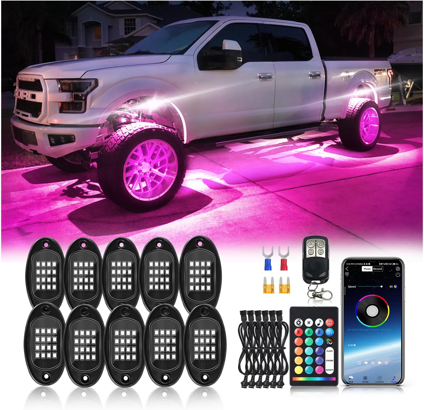 10Pods Segmented RGB LED Rock Lights Kit for Trucks and SUVs