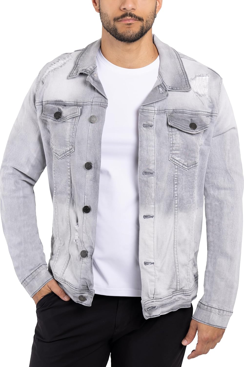 X RAY Mens Denim Jacket - Washed Ripped Casual Trucker Style