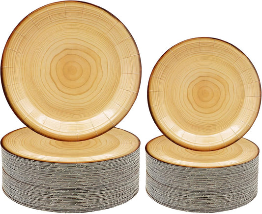 50Pcs Wood Grain Rustic Dinner Plates Set - Camp-Fire Party Supplies