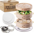 2 Tier Bamboo Steamer 10ft Baskets With Handle - Large Capacity