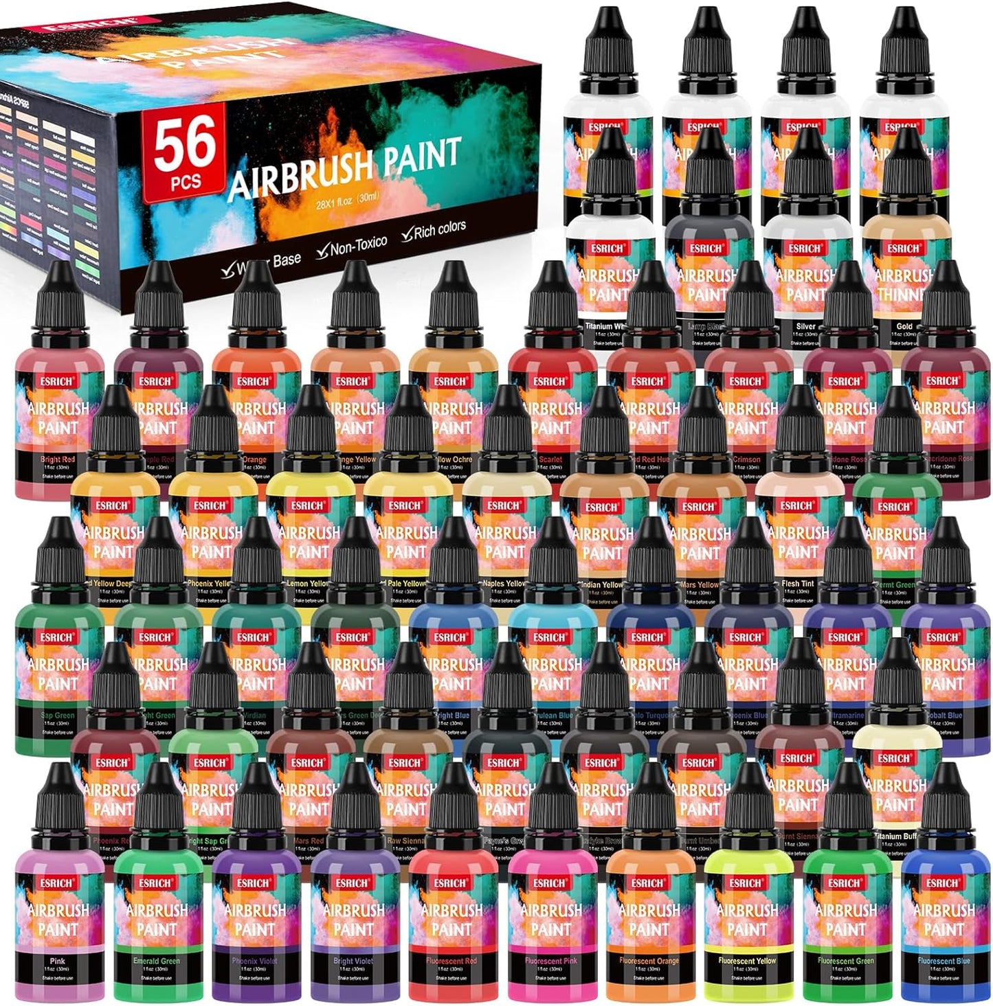 ESRICH Airbrush Paint Set with 52 Colors and Thinner for Artists