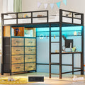 Rustic Brown Twin Loft Bed with Desk and 8 Drawers - LED & Charging