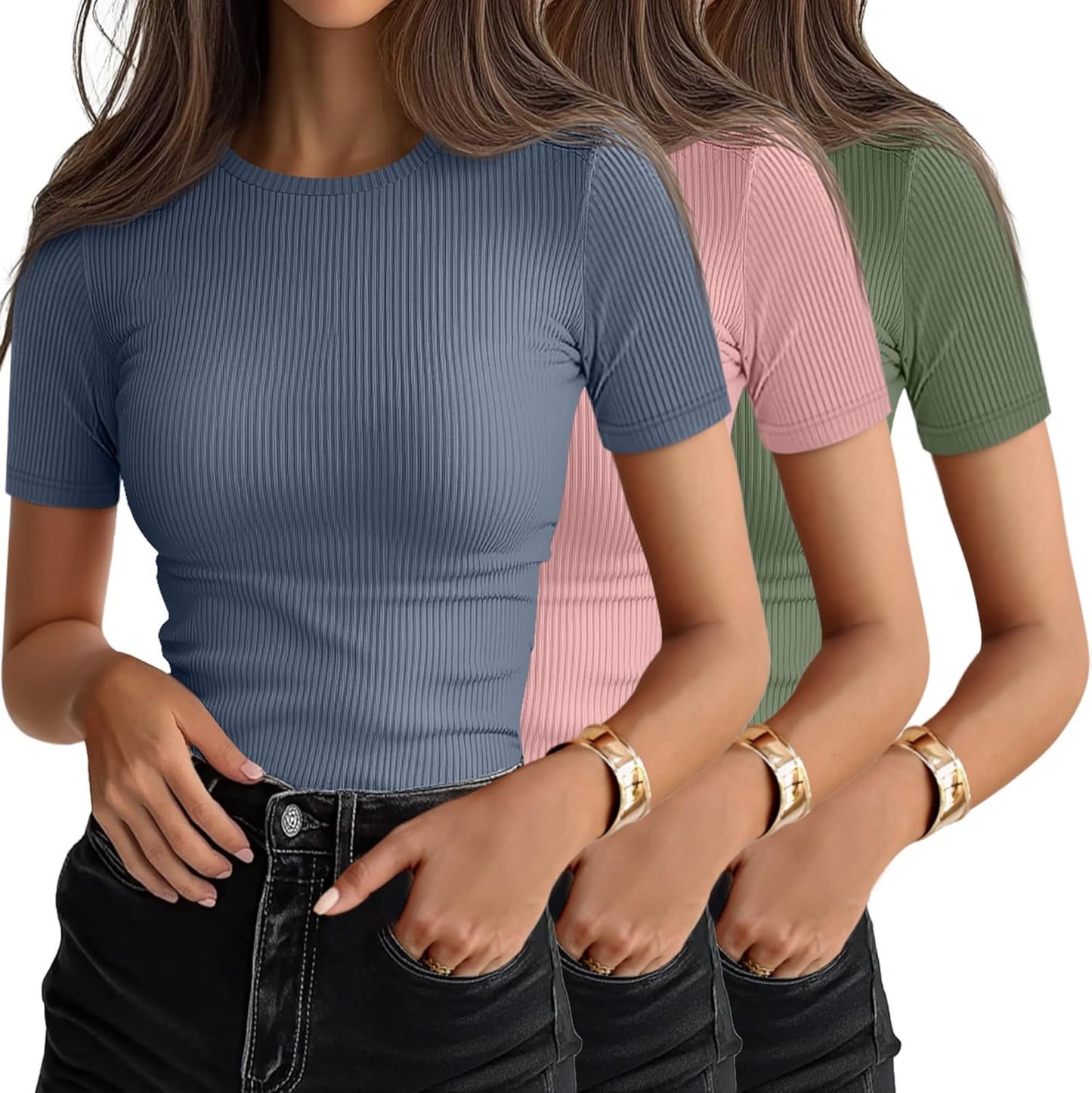Ficerd 3 Pack Women's Ribbed T-Shirts for Casual Summer Style
