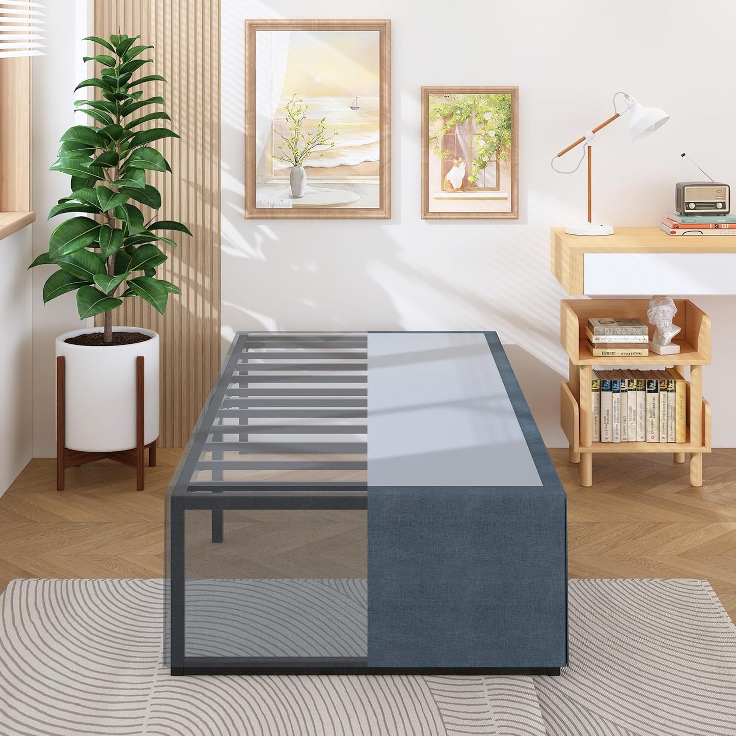 18 Inch Twin XL Bed Frame with Fabric Cover, Sturdy Metal Design
