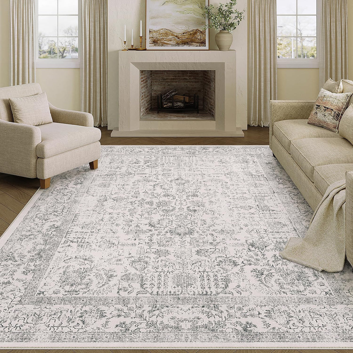 Gray Area Rug 6x9 Machine Washable Vintage Living Room Carpet