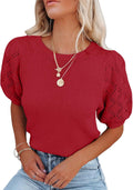 Womens Crewneck Puff Short Sleeve Knit Pullover - Lightweight Summer
