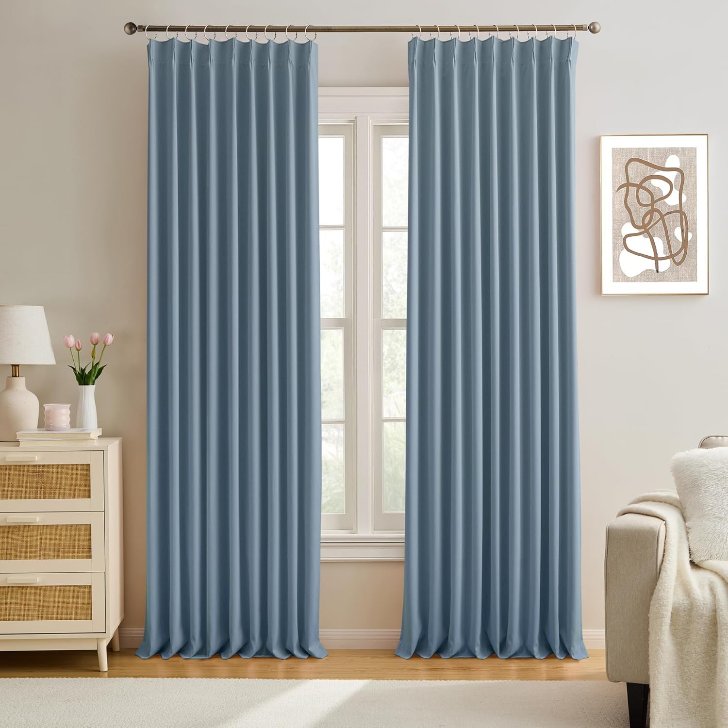 Dusty Blue Pleat Wide Drapes for Sliding Glass Door 60 in x 95 in