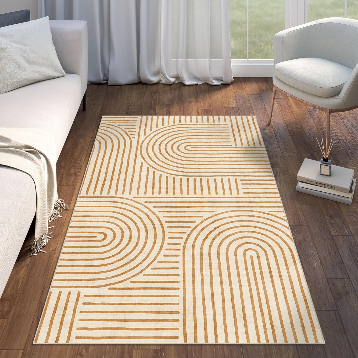 3x5 Washable Area Rug - Non-Slip Orange Abstract Rainbow Design