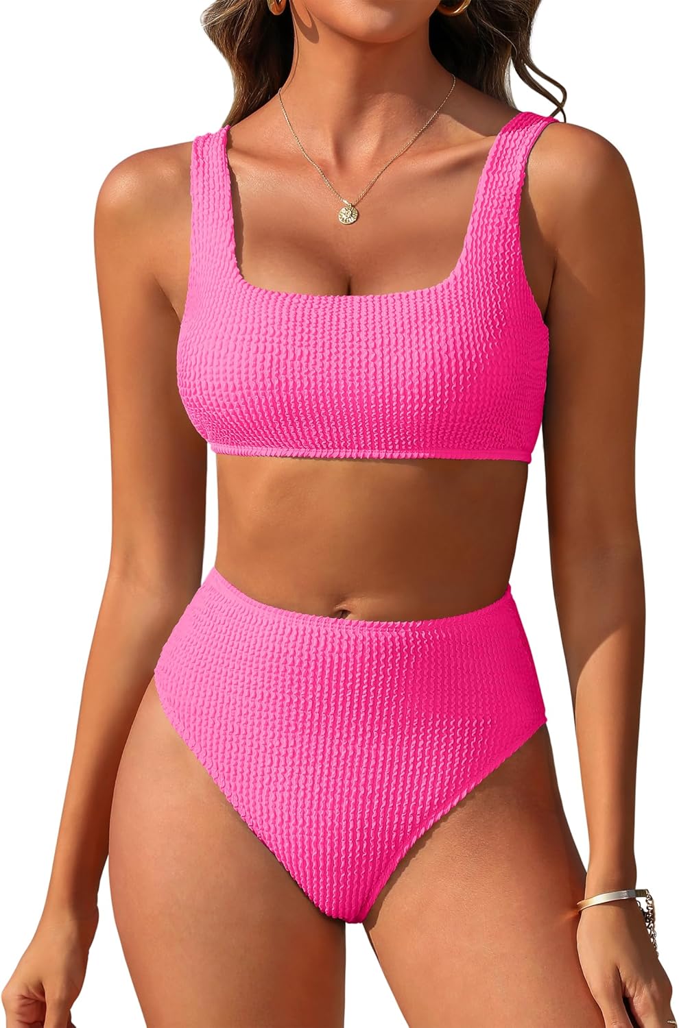 High Waisted Ribbed Tummy Control Bikini Set for Women