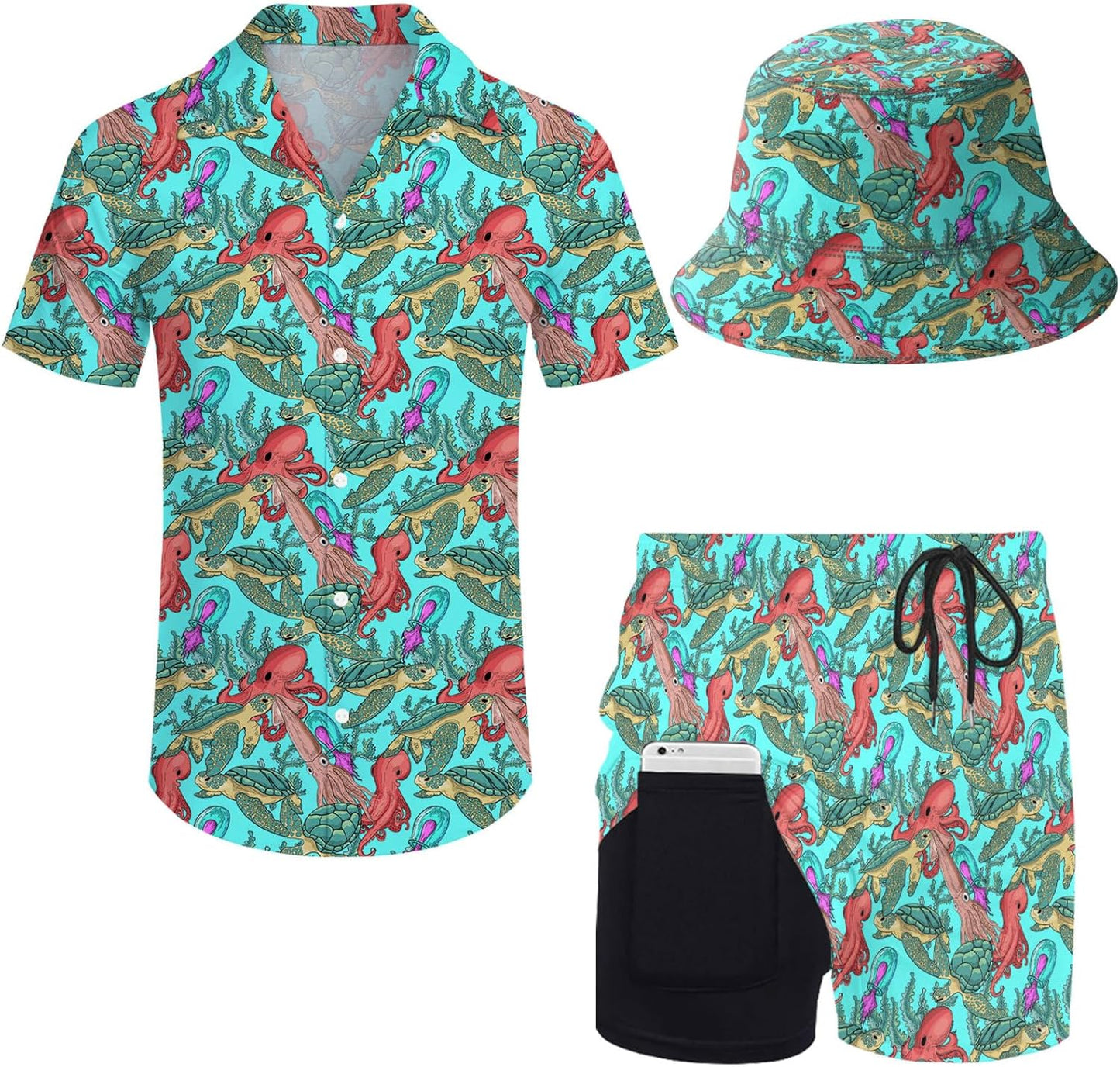 Mens 2 Piece Tracksuit Hawaiian Shirt and Compression Shorts Set