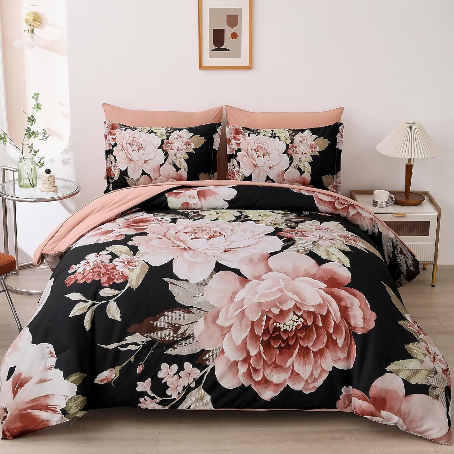 Dintszyayue Queen Comforter Set Black Floral 7 Pieces Bedding