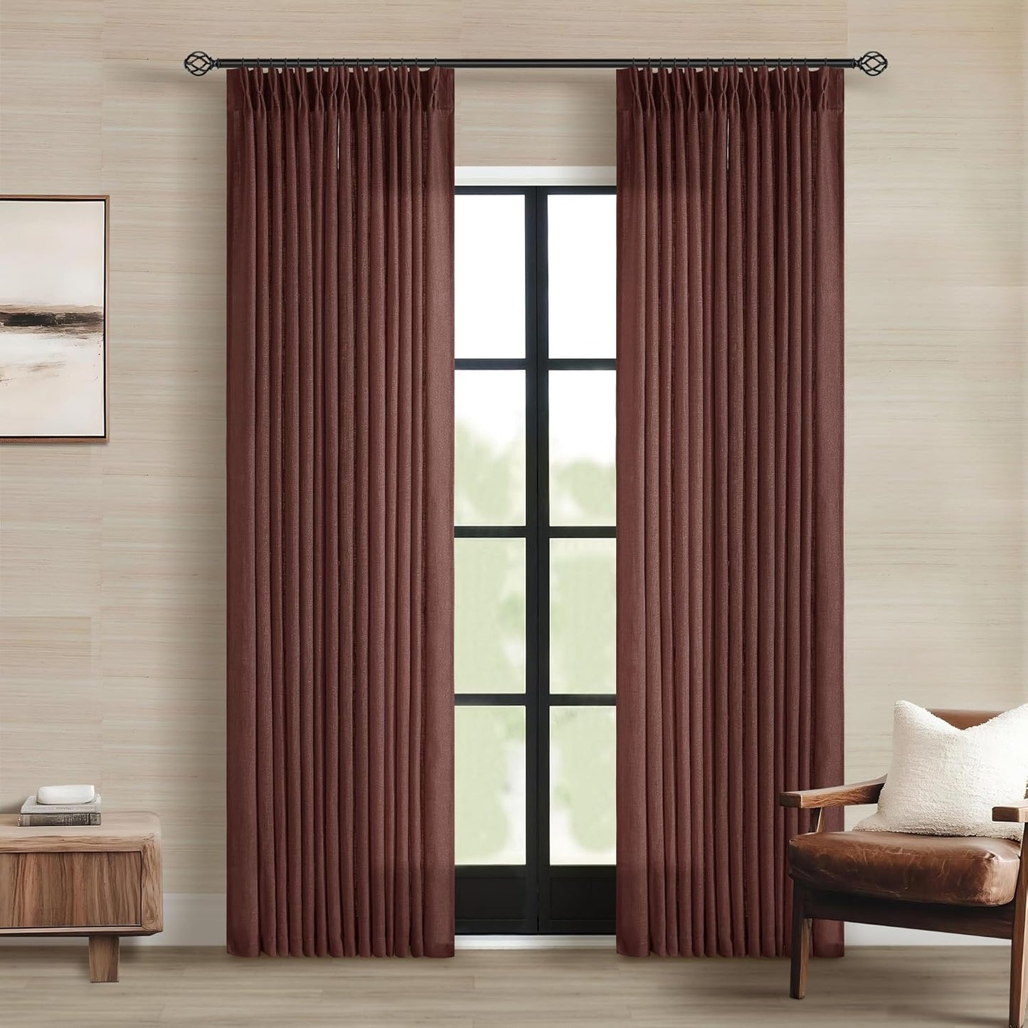 Dark Terracotta 80 Inch Pinch Pleated Linen Curtains Set
