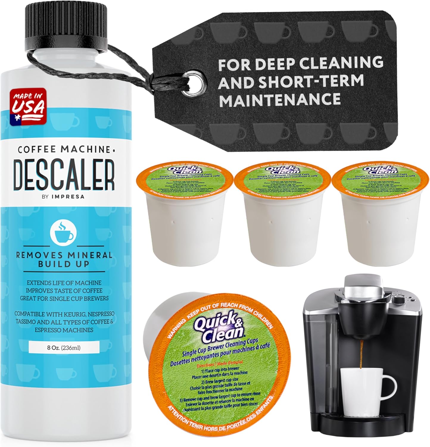 Keurig Descaler & Cleaning Kit - 8 oz Descaler + 4 Pods - Compatible Pods