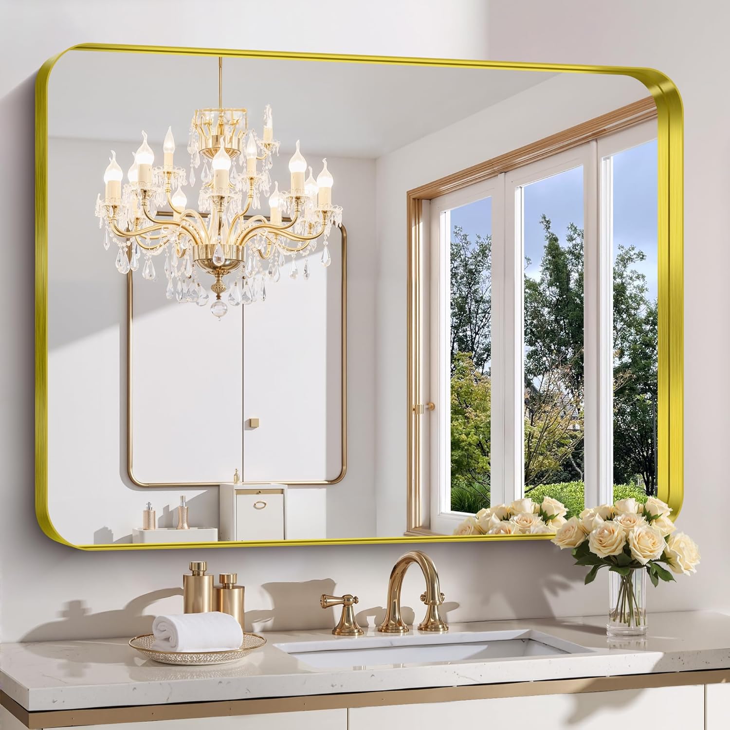 FORBATH 48x36 Inch Bathroom Mirror with Brushed Gold Frame