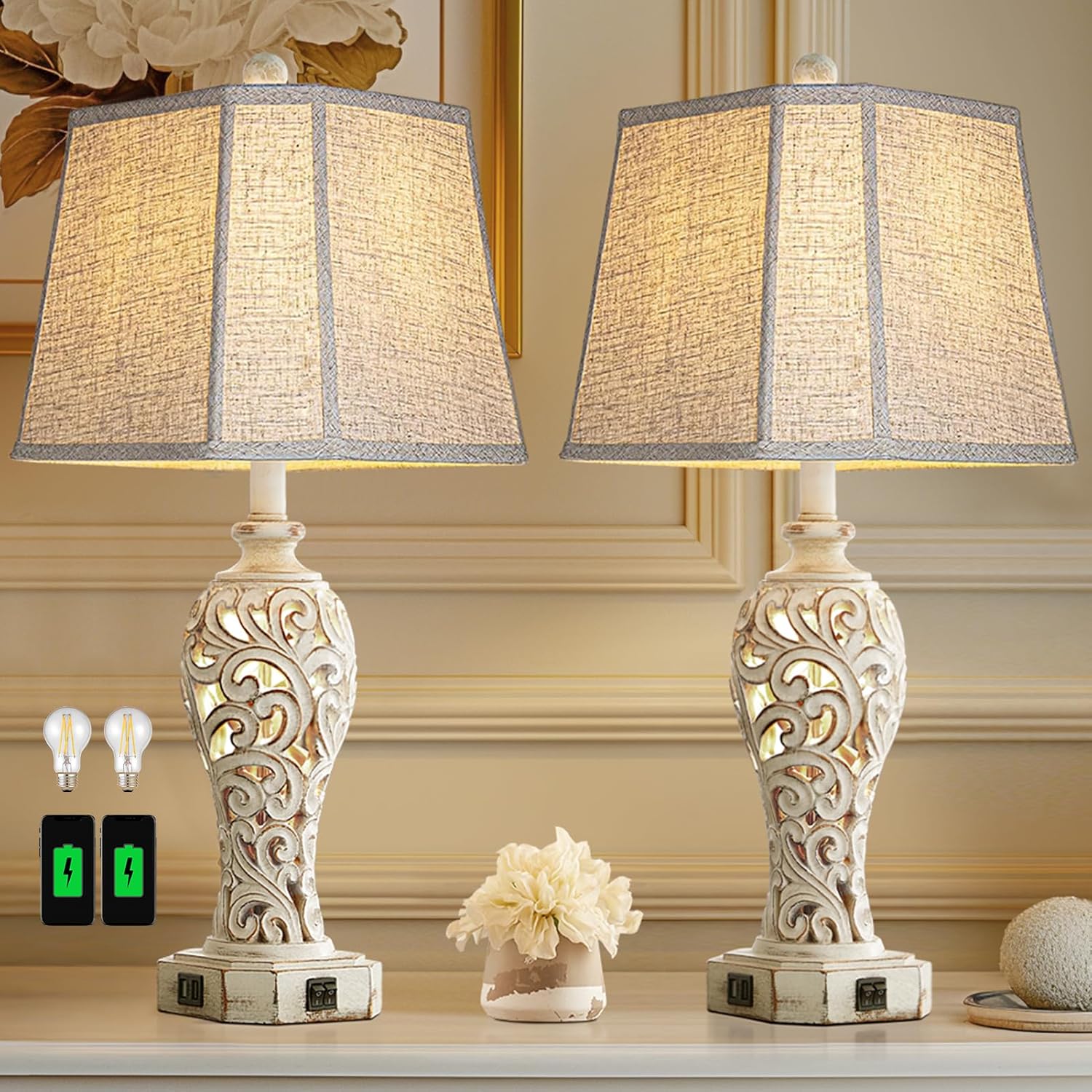 Set of 2 Rustic Table Lamps with USB Ports for Cozy Lighting