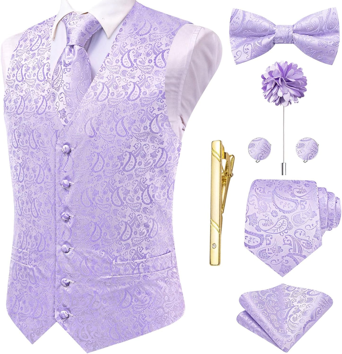 Hi-Tie Silk Mens Suit Vest Set with Tie, Bowtie, and Accessories