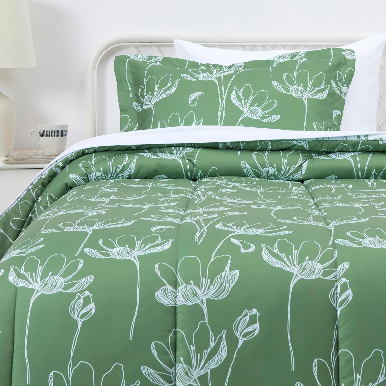 Lightweight Microfiber Comforter Set, 5 Pieces, Green Floral