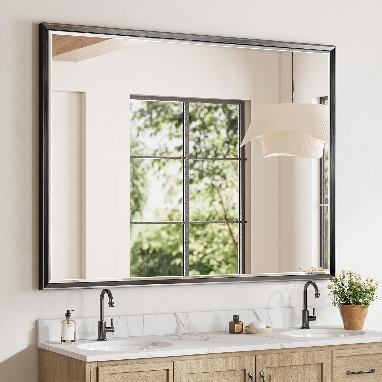 48 x 36 Black Framed Mirror for Bathroom with Beveled Design