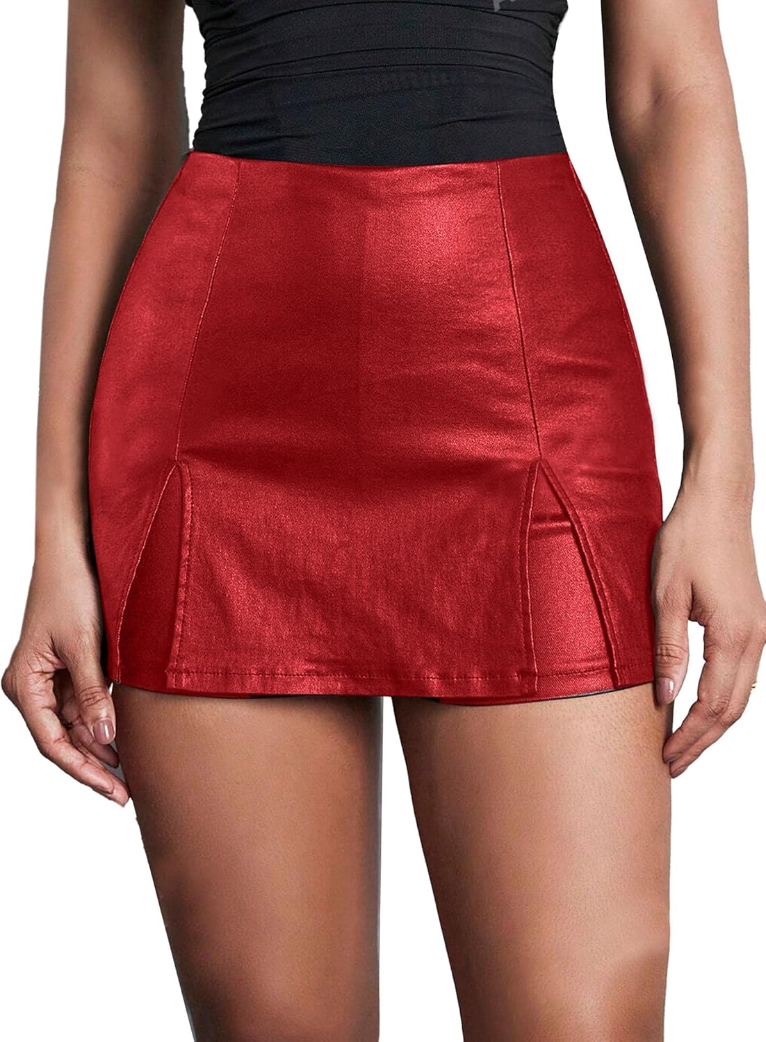 Faux Leather Slit Mini Skort for Women - High Rise Bodycon Style