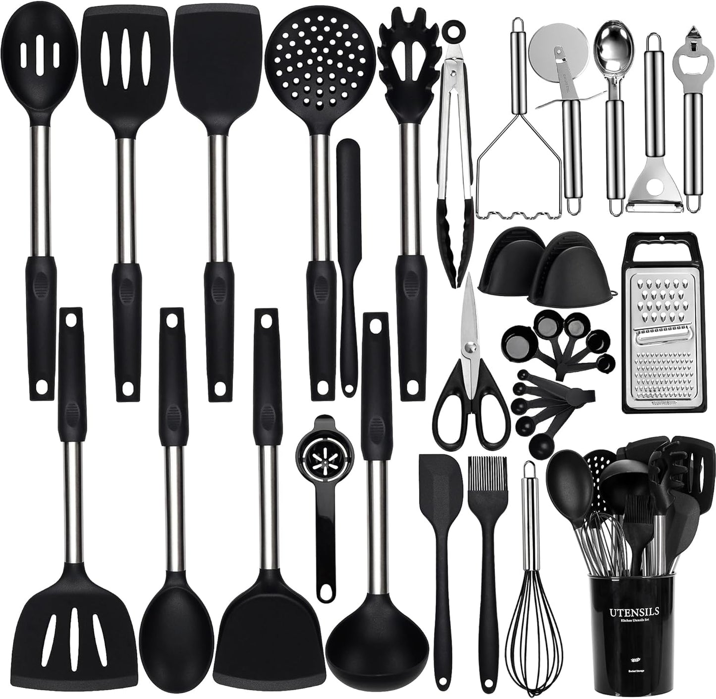 Silicone Cooking Utensils Set with Stainless Steel Handles - 35 Pcs