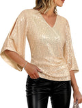 Sparkly Sequin V-Neck Blouse 3/4 Sleeve - Glitter Party Top