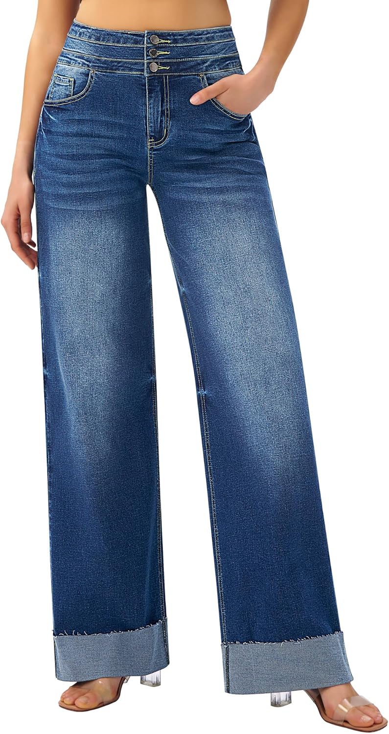 Roswear Women's High Waisted Stretchy Wide Leg Jeans for Style
