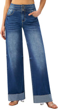High Waisted Stretchy Wide Leg Jeans Cuffed Baggy Loose Denim Pants