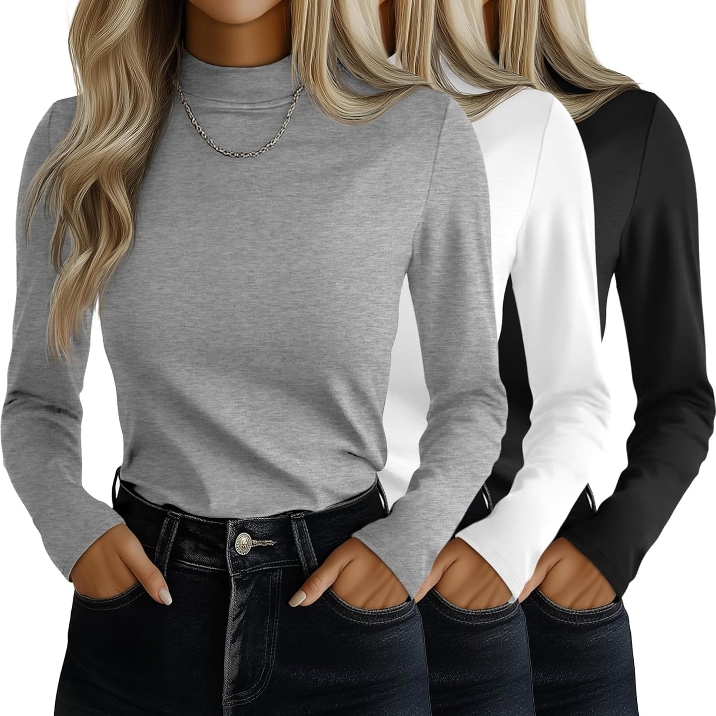Ficerd 3 Pack Women's Mock Turtleneck Shirts for Stylish Layering