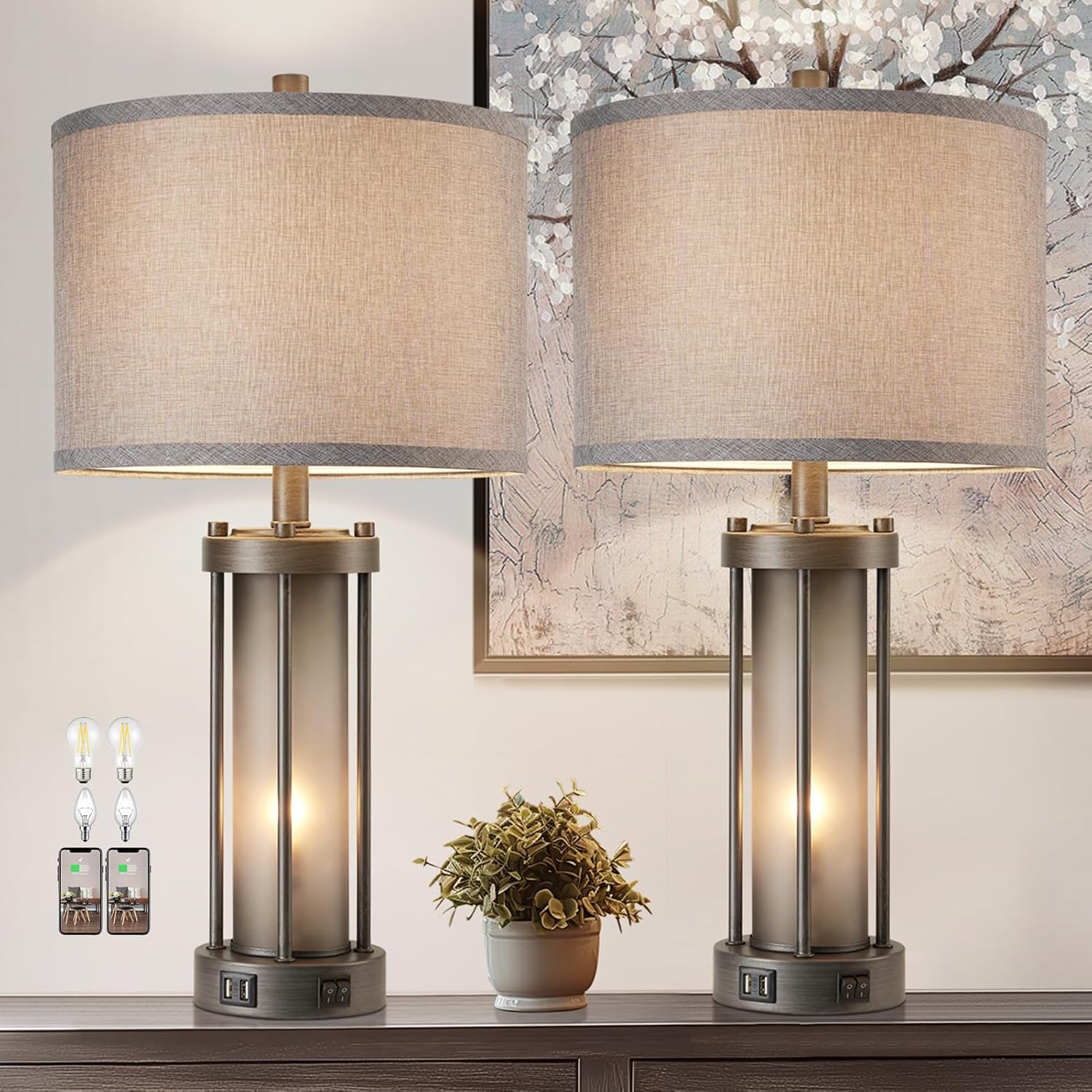 Set of 2 Rustic Table Lamps with USB Ports for Living Room