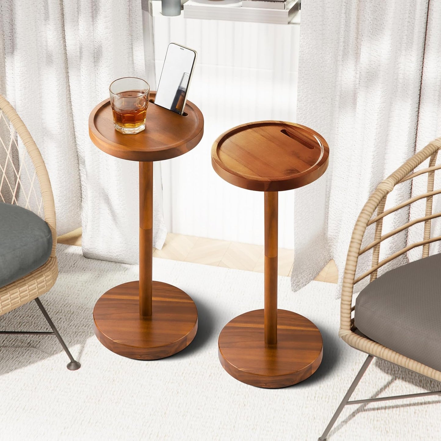 Acacia Drink Tables (Set of 2) - Space-Saving Pedestals