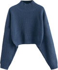 Cropped Turtleneck Sweater Lantern Sleeve Ribbed Knit - Stylish Crop 8