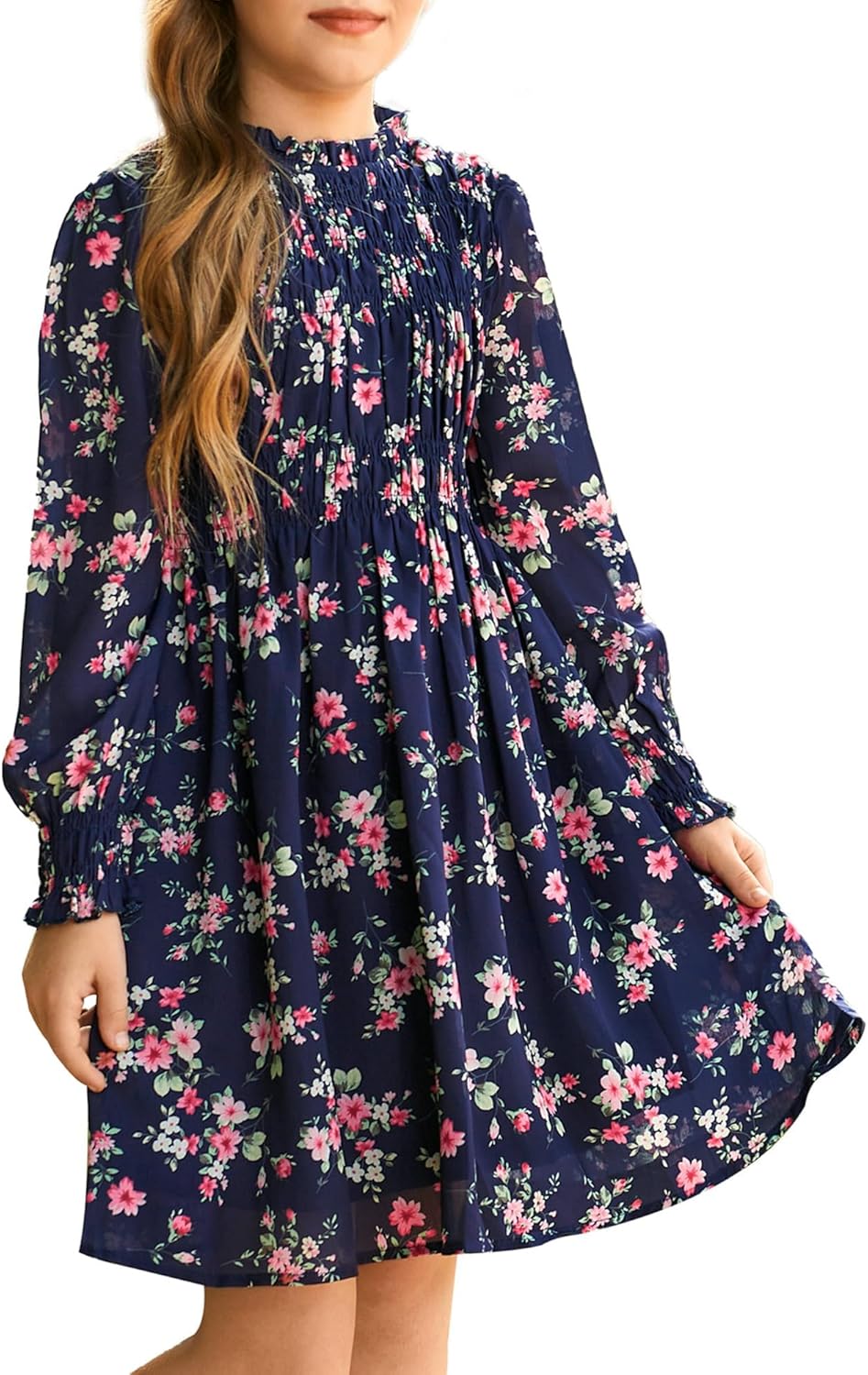 Girls' Floral Long Sleeve Midi Dress for Fall and Winter Wear