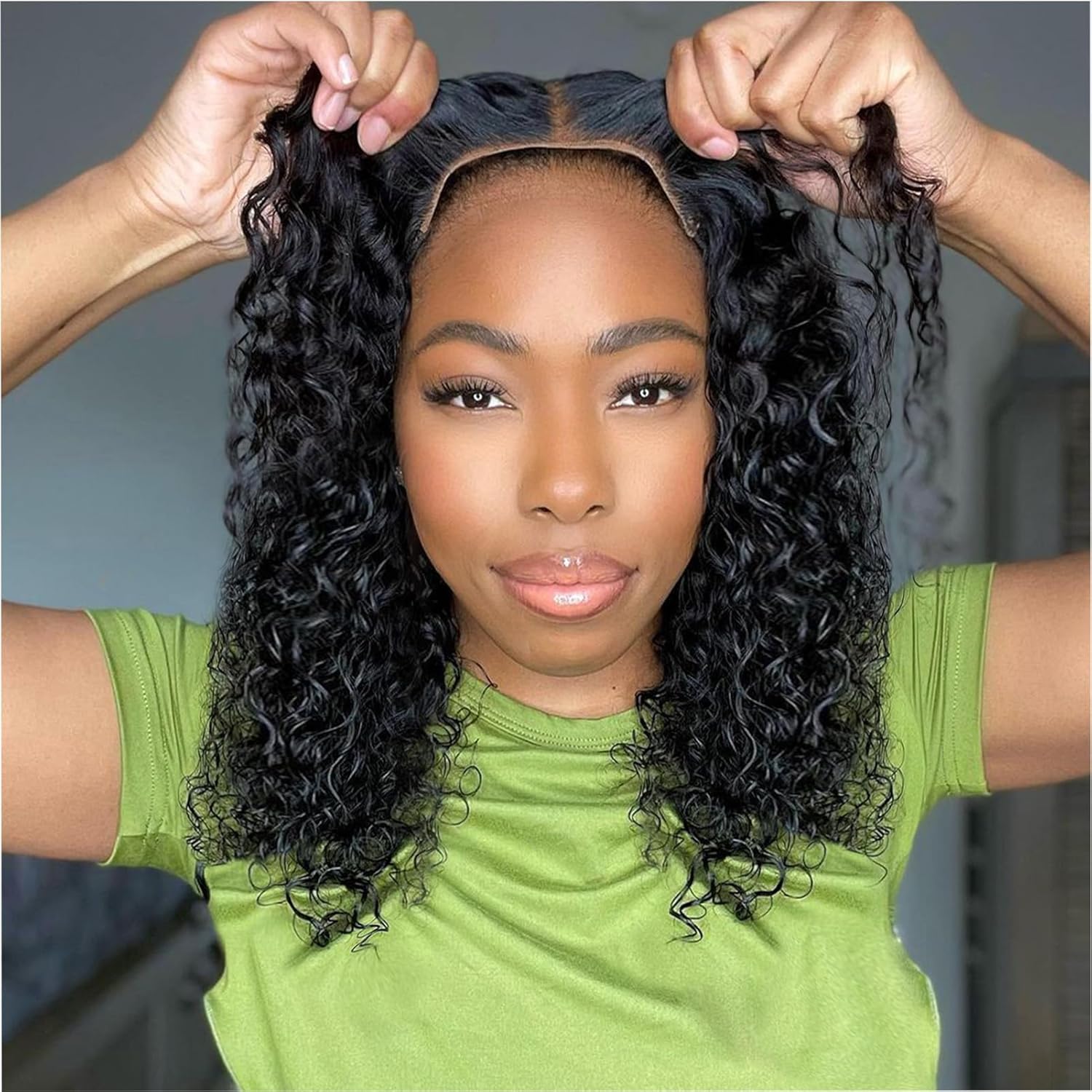 Curly Bob Wig Human Hair Deep Wave Glueless 14 Inch for Women