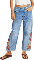 Flamingals Mid Rise Straight Leg Raw Hem Embroidery Jeans - Stylish