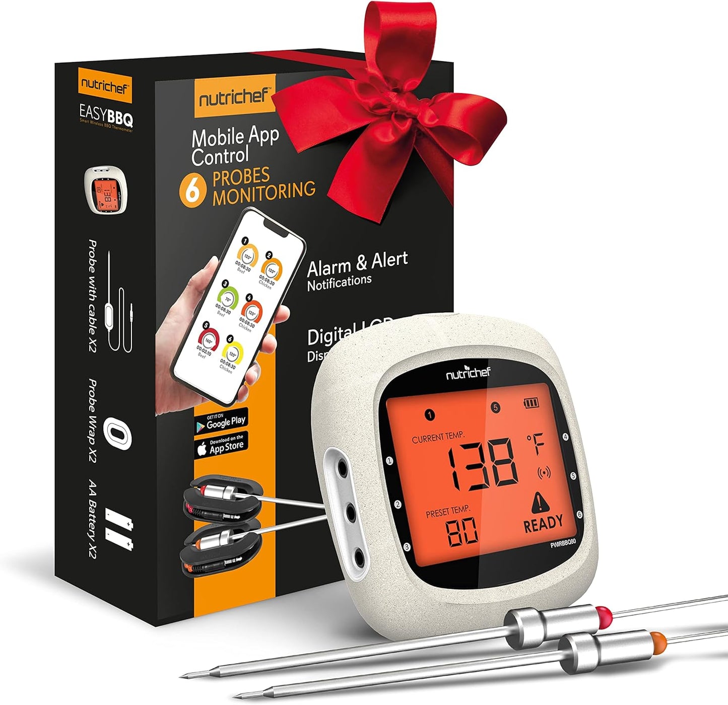 NutriChef Bluetooth Meat Thermometer: 6 Probes, Smart APP