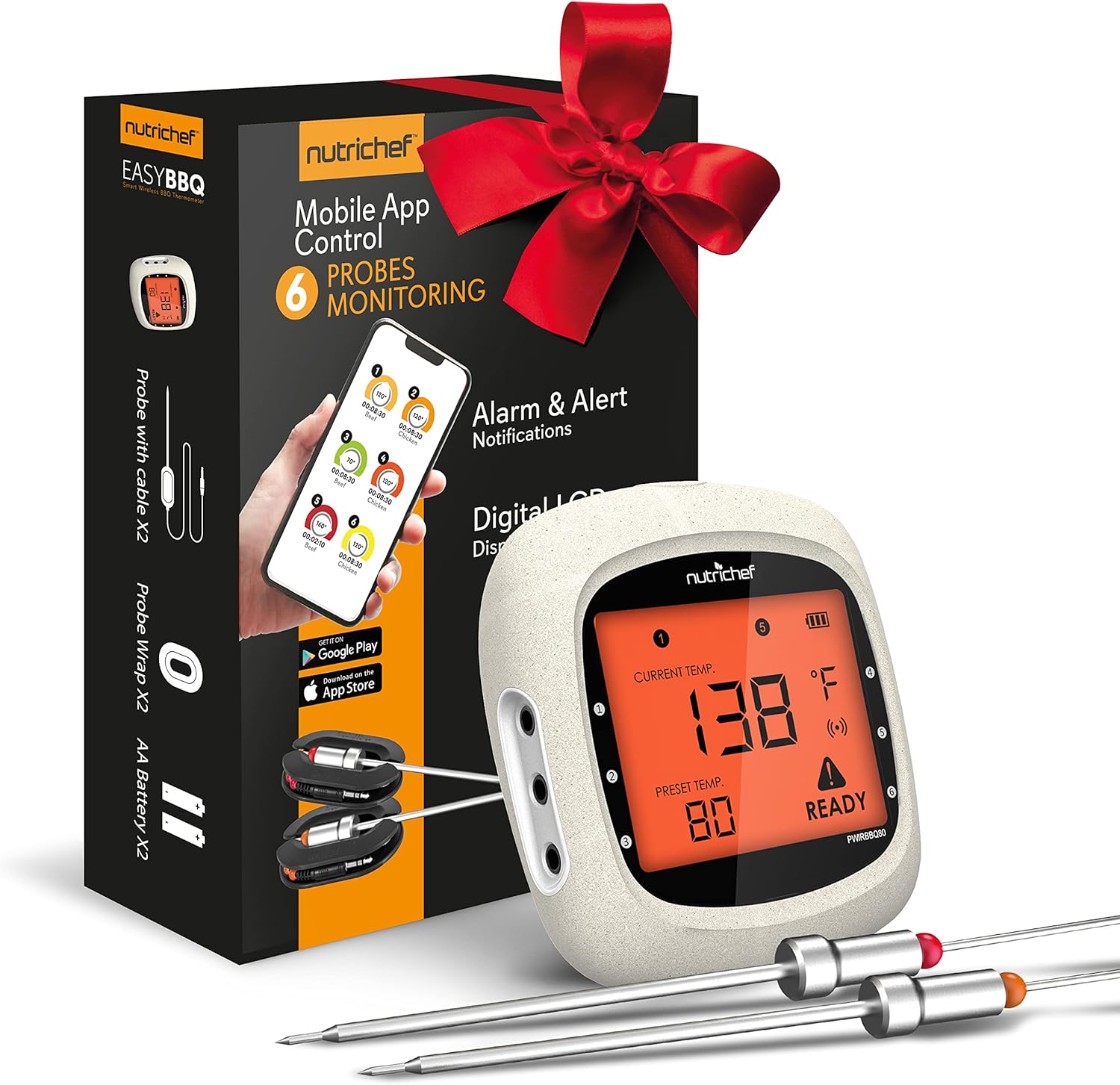 NutriChef Bluetooth Meat Thermometer: 6 Probes, Smart APP