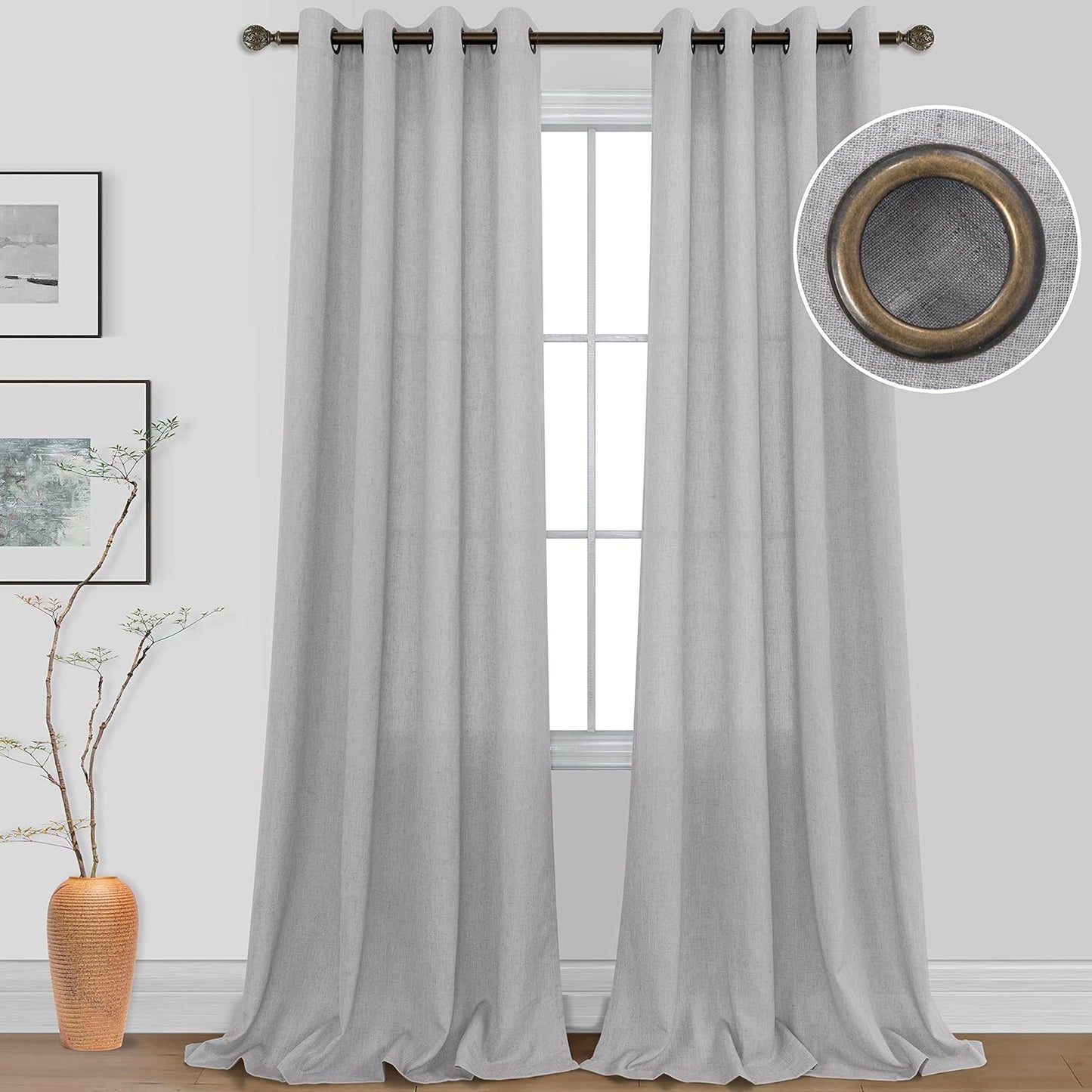 KOUFALL Grey Bronze Grommet Linen Blend Sheer Curtains 52x96