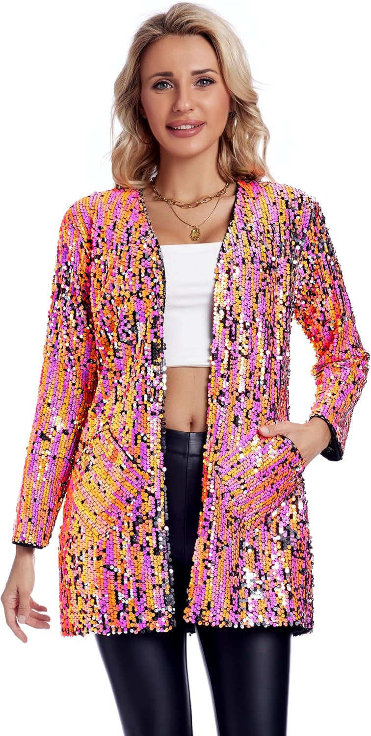 Women's Sequin Jacket Long Sleeve Blazer for Parties and More