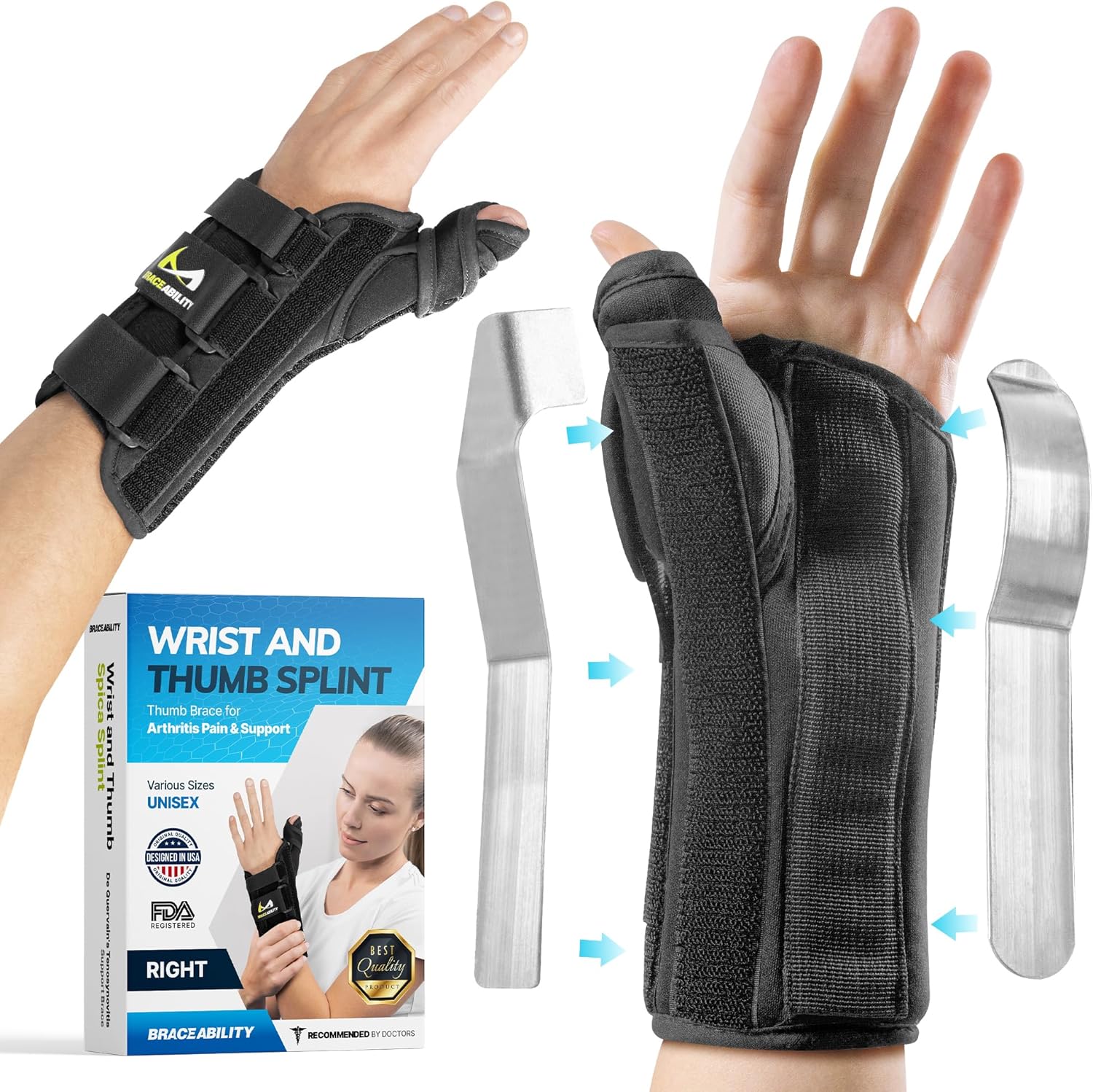 BraceAbility Wrist and Thumb Spica Splint for Pain Relief