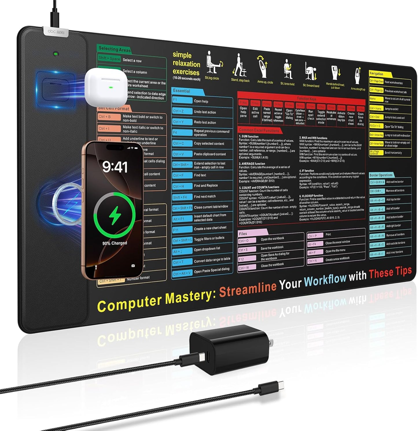 Excel Cheat Sheet Desk Pad with Wireless Charging for Efficiency