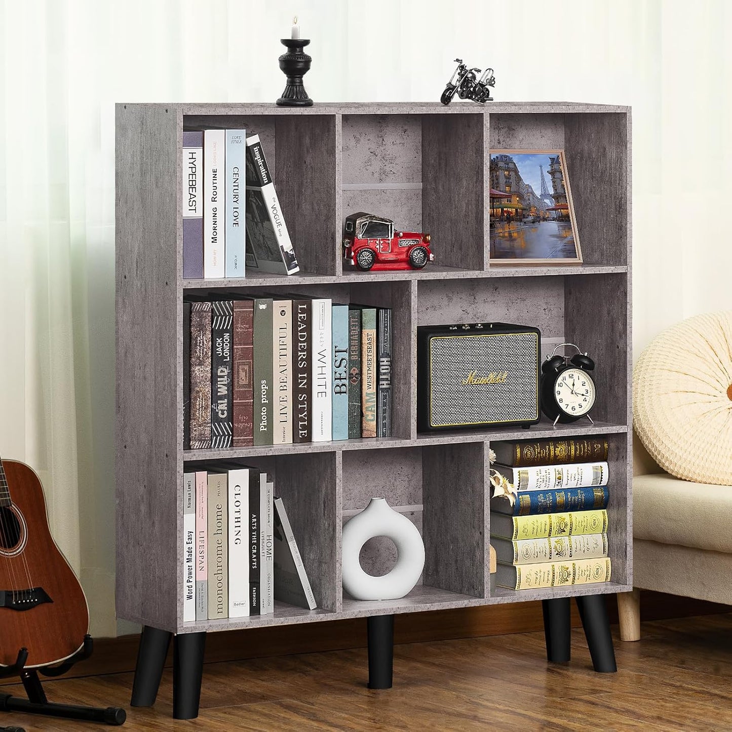 LEYAOYAO 8 Cube Bookshelf: Modern Dirty Grey Bookcase Design
