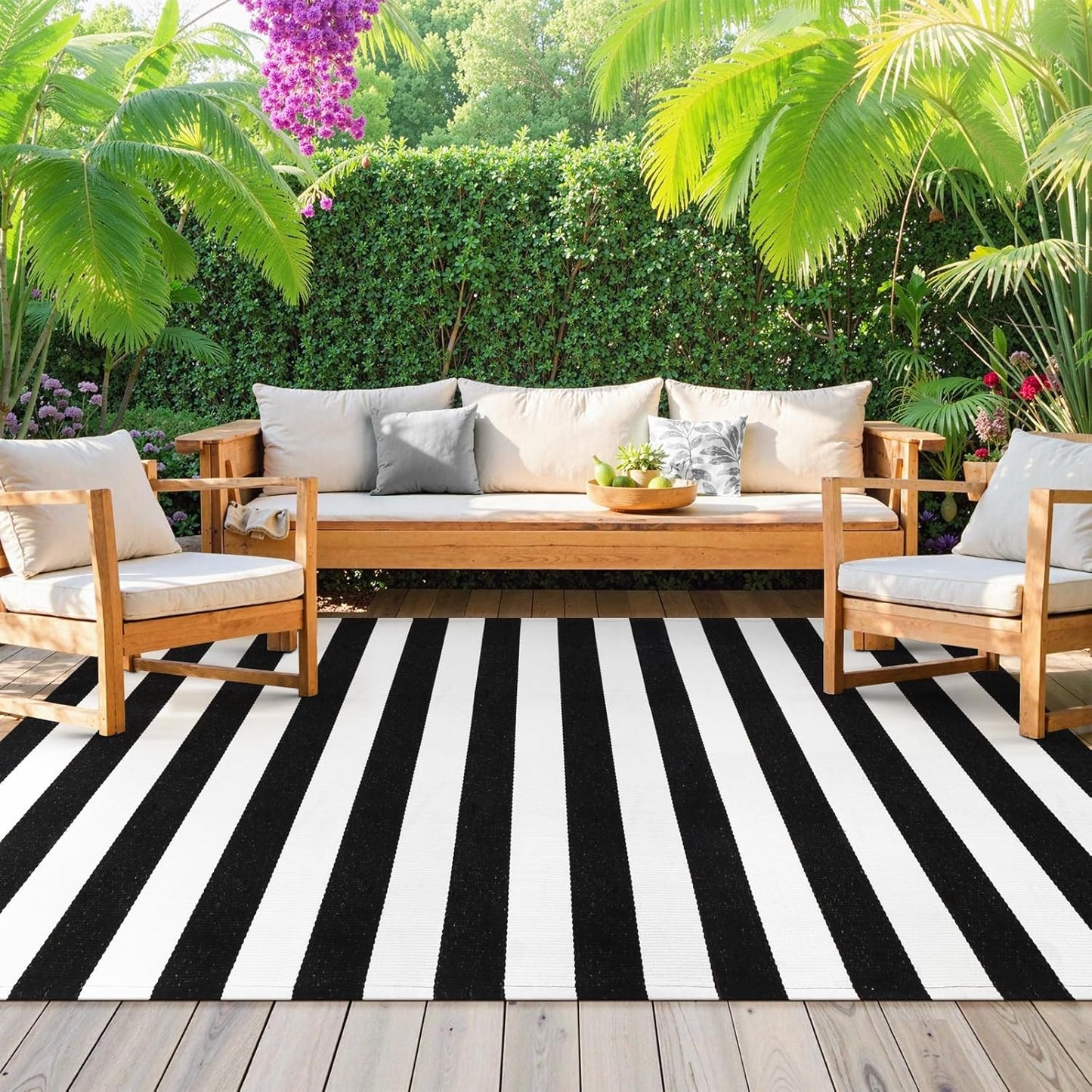 Black and White Striped Rug for Indoor Outdoor Use 5ft 7in x 7ft 7
