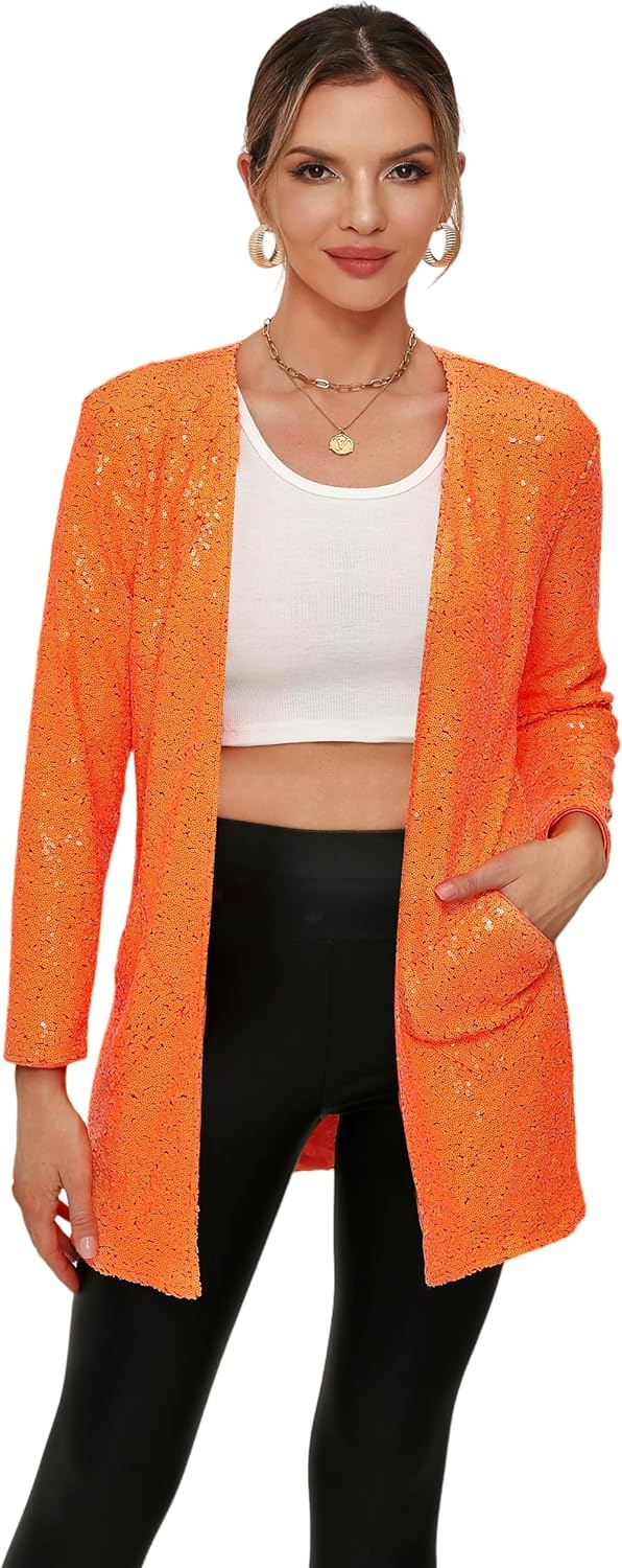 Women's Sequin Jacket Long Sleeve Open Front Blazer for Parties
