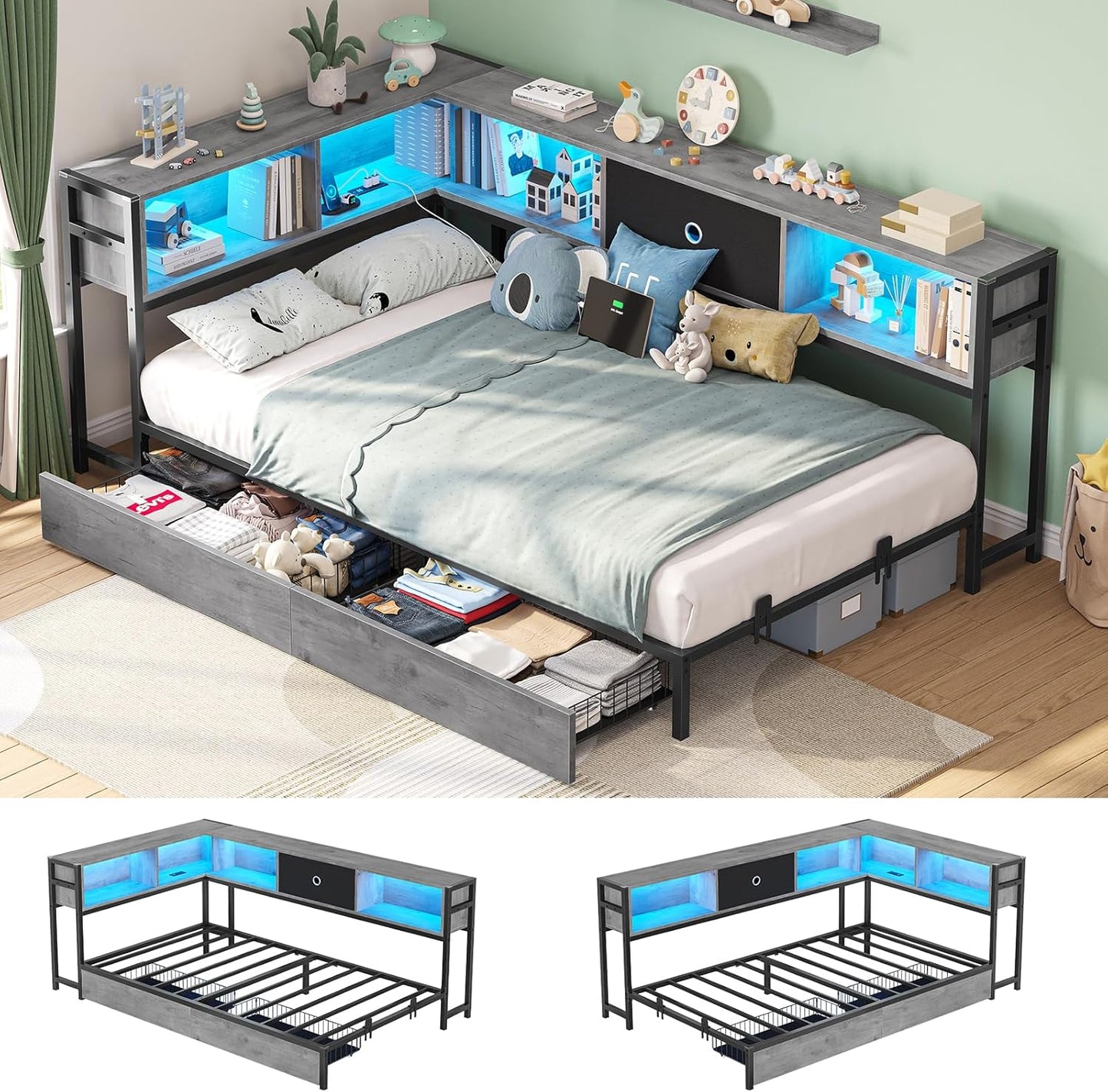 Hasuit Twin XL Corner Bed Frame with Storage and LED Lights