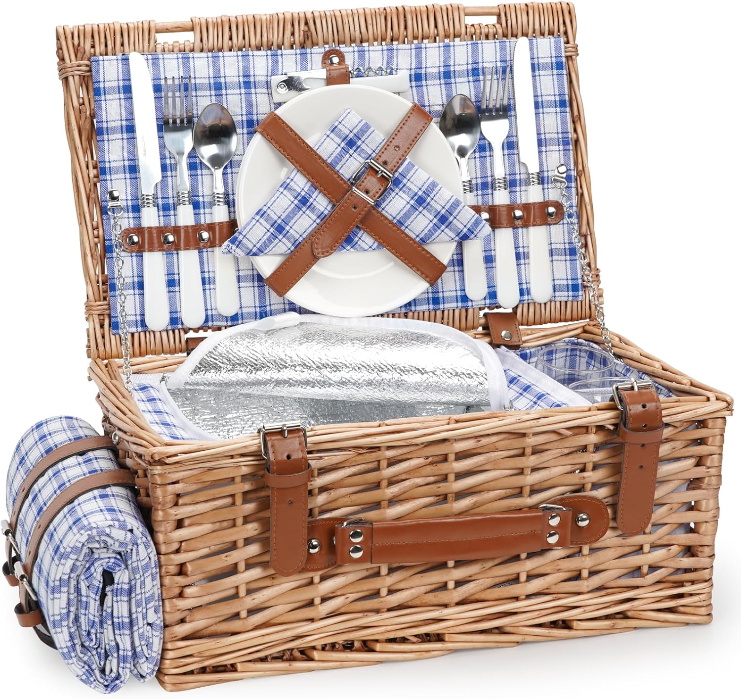 Wicker Picnic Basket Set for 2 with Insulated Cooler & Blanket