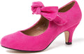 Womens Hot Pink Mary Jane Kitten Heel Pumps - Comfortable Low Heels