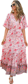 R.Vivimos Womens Summer Cotton Short Sleeve V Neck Floral Dress
