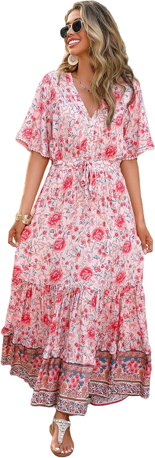 R.Vivimos Womens Summer Cotton Short Sleeve V Neck Floral Dress