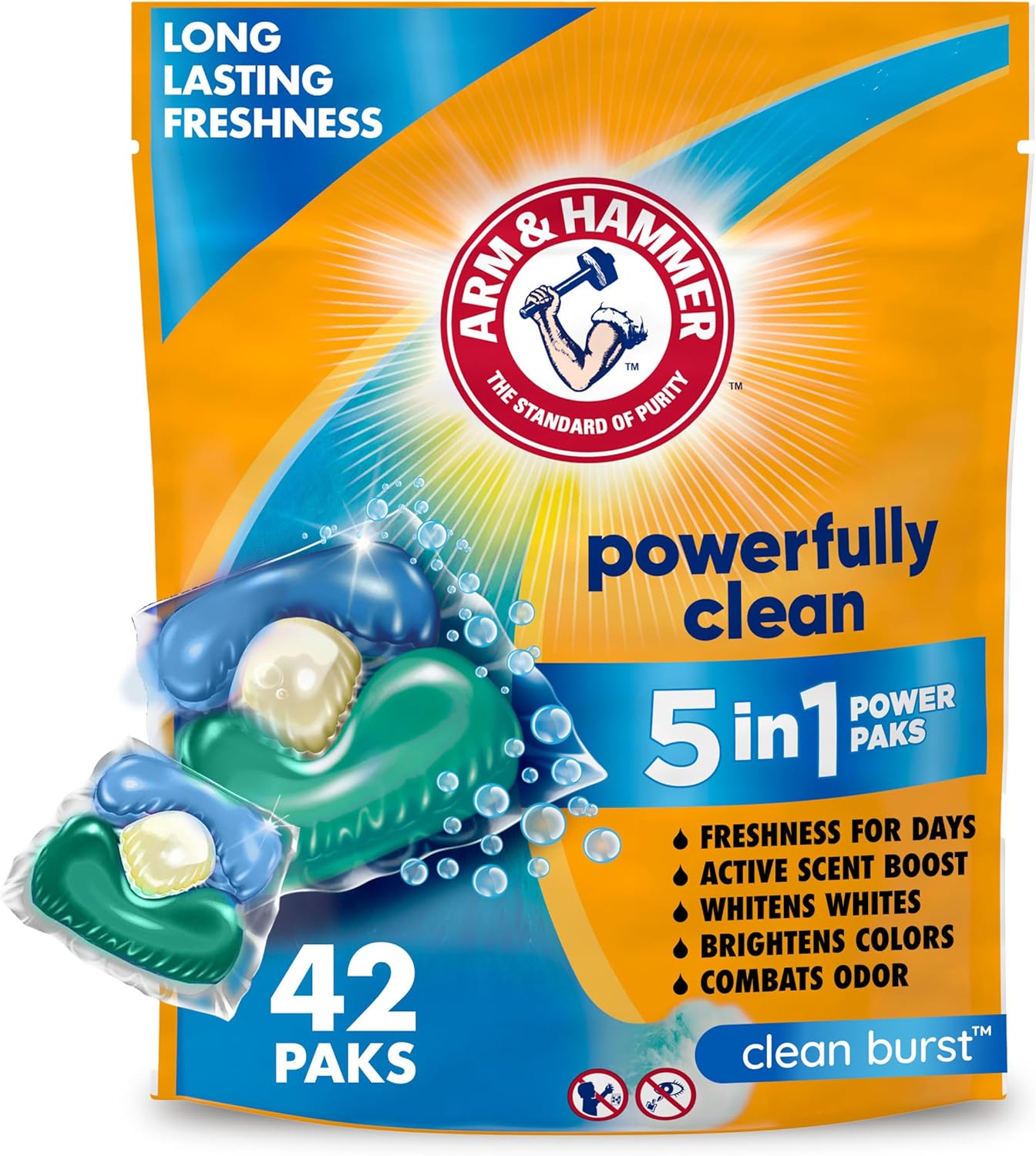 Arm & Hammer Clean Burst Power Paks - 5-in-1 HE Laundry Detergent, 42 Count